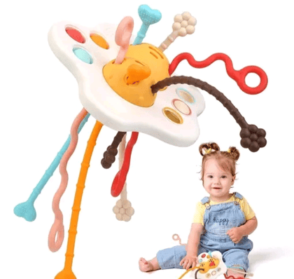 Montessori Silicone Pull Rope Toy – Colorful Strings and Shapes for Baby Sensory Play, Early Learning and Fine Motor Skill Development – Safe BPA-Free Infant Toy for 6 to 18 Months