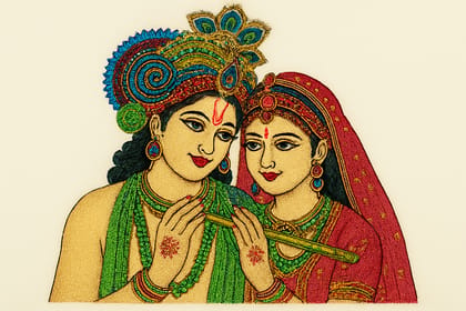 Vibrant Radha Krishna Divine Love Textured Art hand made embroidery  - Spiritual Hindu Deity Decor