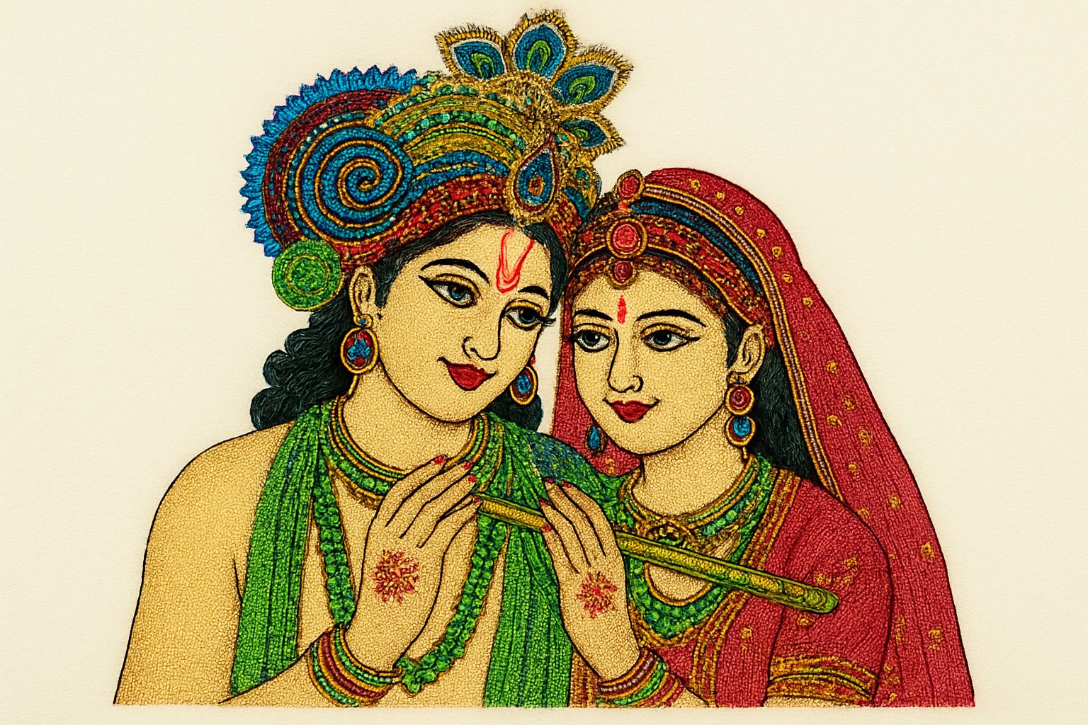 Vibrant Radha Krishna Divine Love Textured Art hand made embroidery - Spiritual Hindu Deity Decor