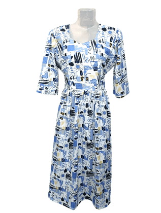 Women's Abstract Print V-Neck Midi Dress | Blue & White Casual A-Line Dress