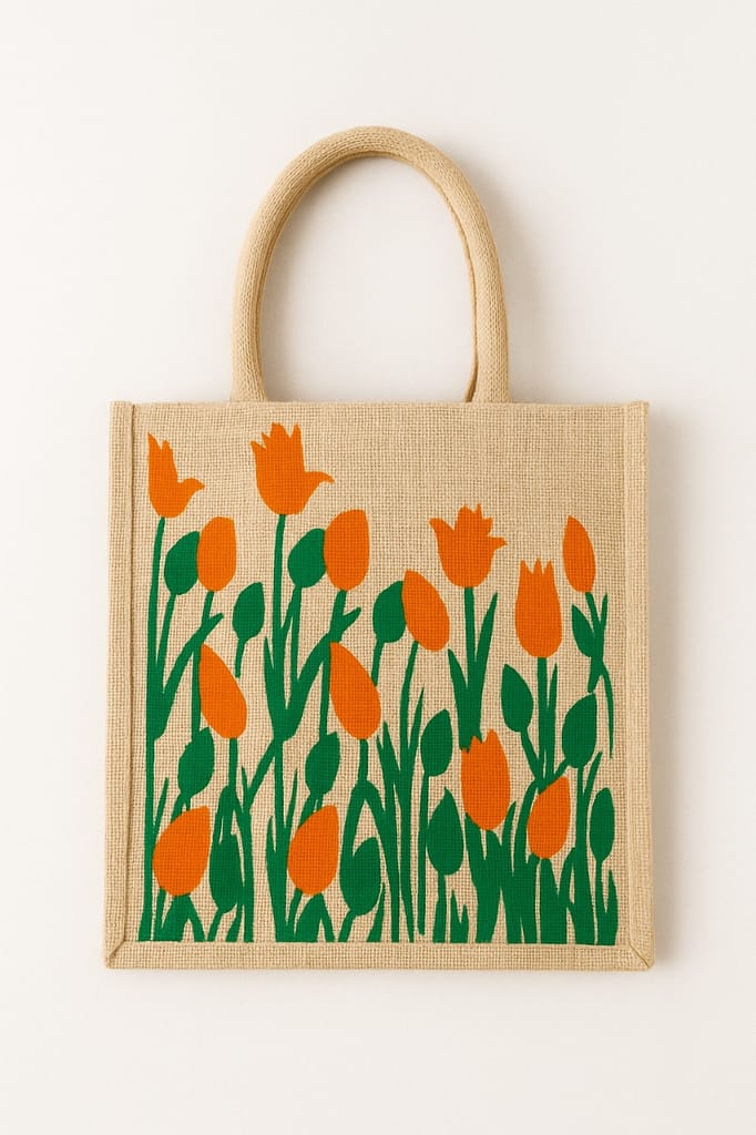 Eco-Friendly Jute Grocery Bag with Floral Print - Reusable & Durable