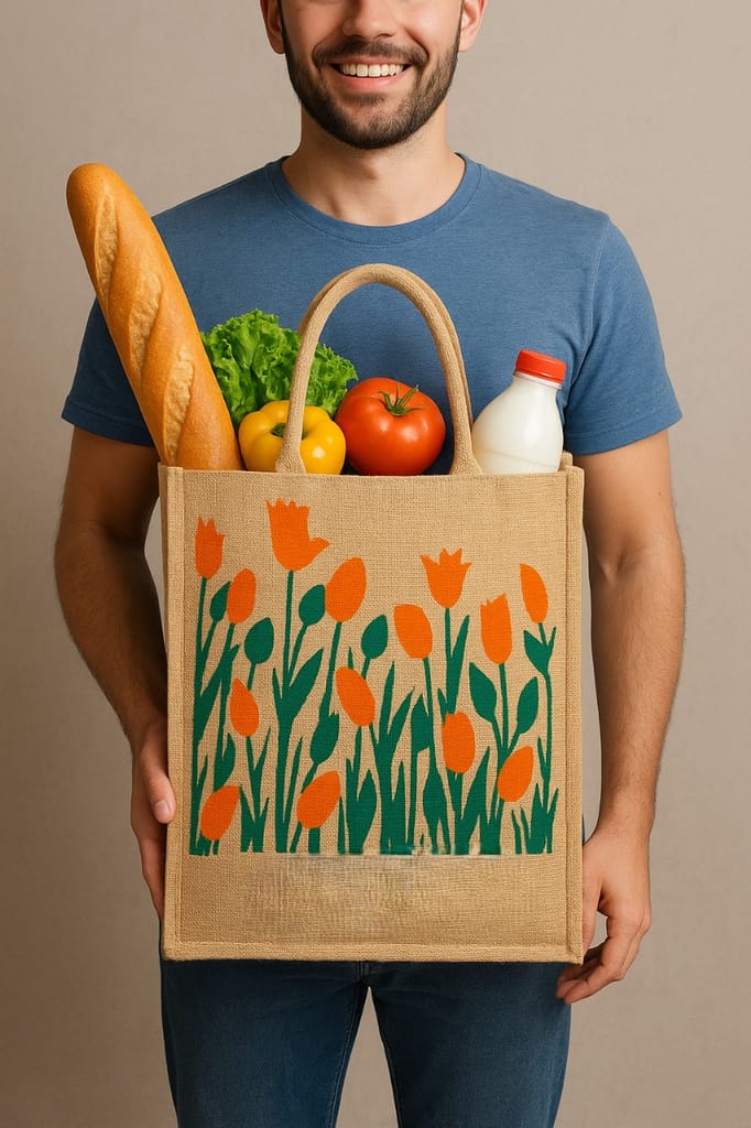 Eco-Friendly Jute Grocery Bag with Floral Print - Reusable & Durable
