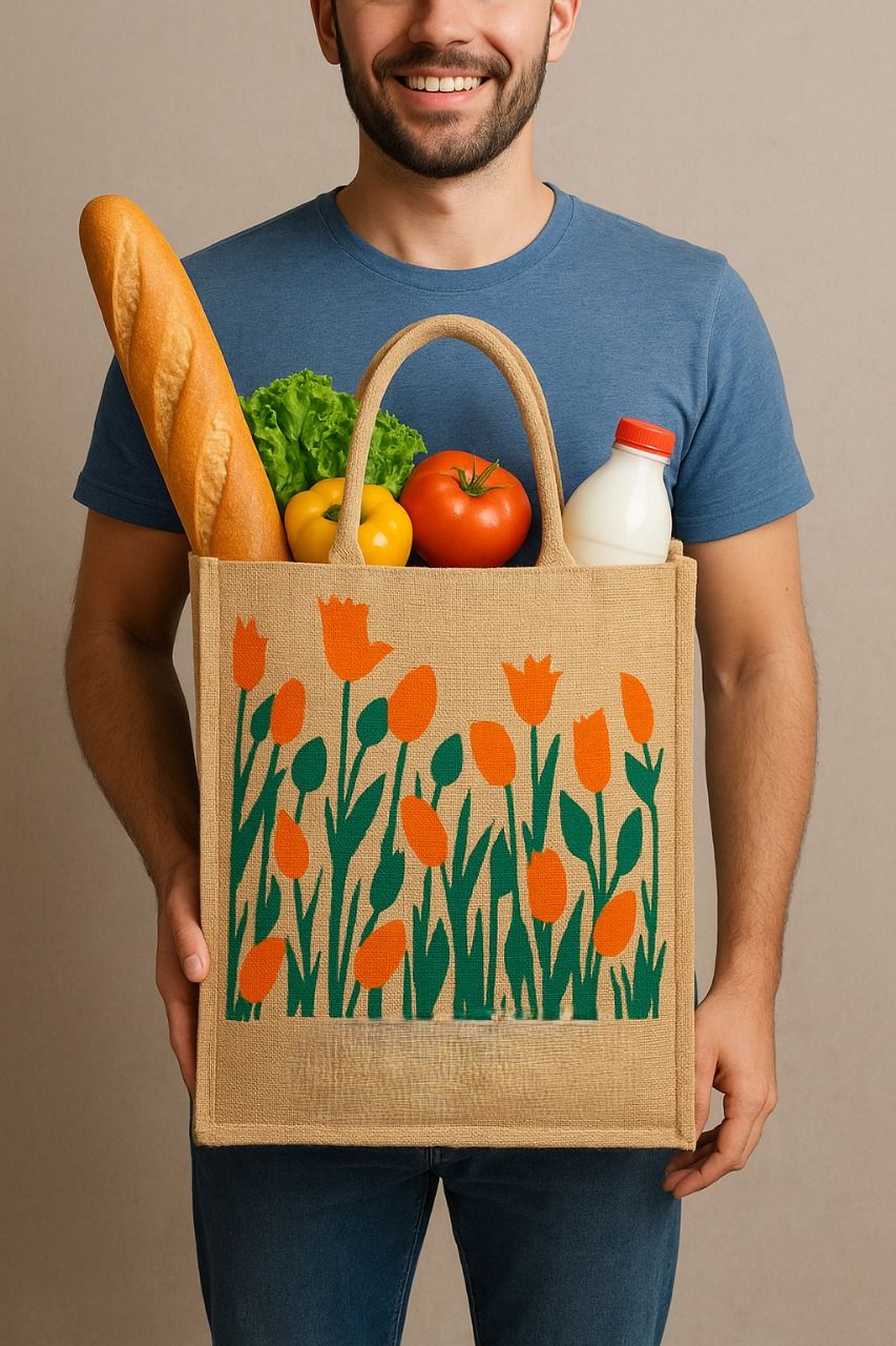 Eco-Friendly Jute Grocery Bag with Floral Print - Reusable & Durable