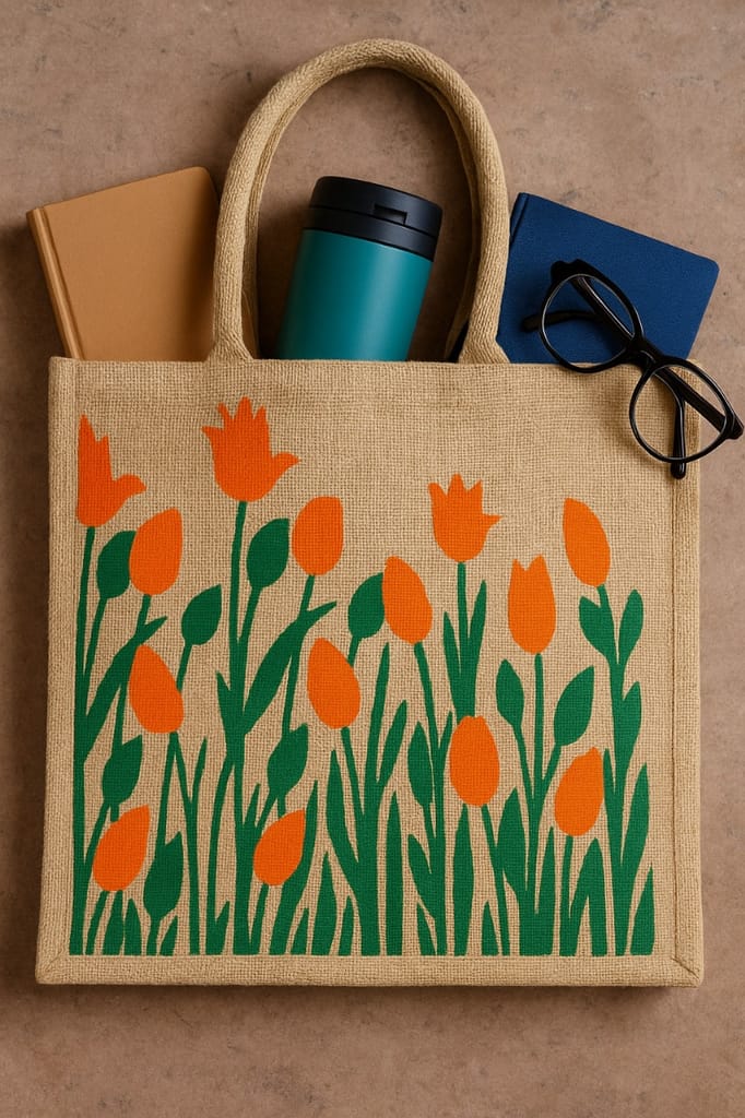 Eco-Friendly Jute Grocery Bag with Floral Print - Reusable & Durable