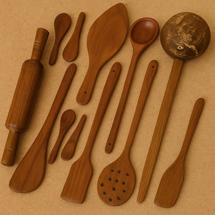 ECOCASK Coconut Shell Ladle Combo - Roller - Skimmer - Strainer - Spatula - Spoons - Large - Natural - Organic - Hand Made - Set of 08