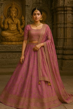 Pinkish-Purple Embroidered Lehenga Set (Cotton + Synthetic)