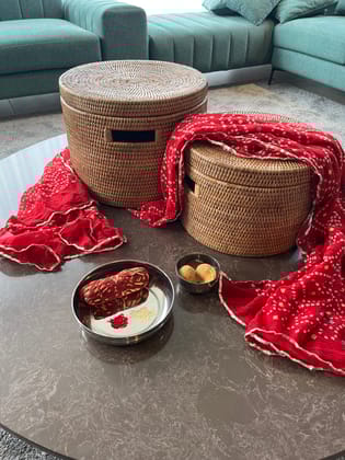 Rattan Round Family Storage Box with Lid (S)