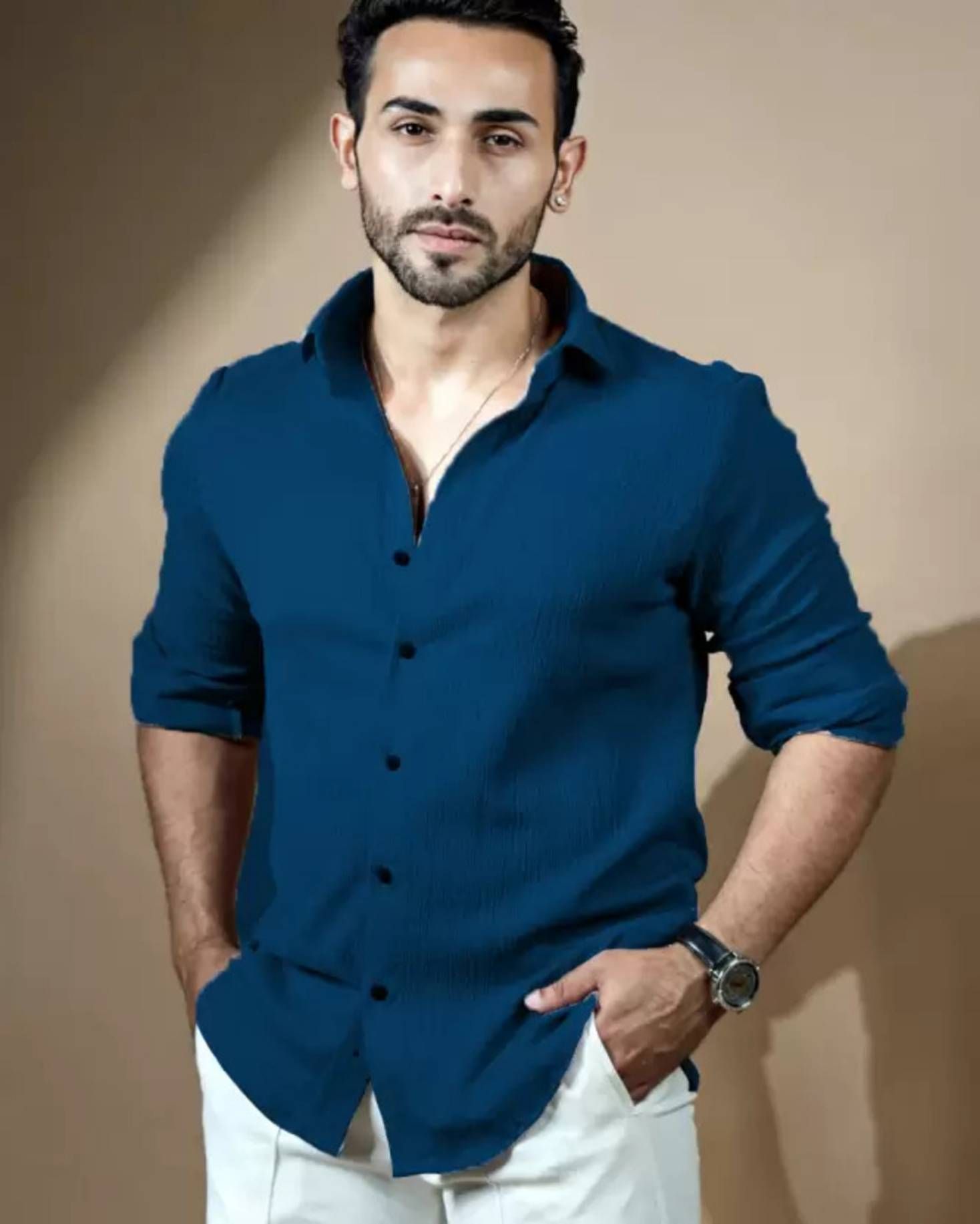 Men's Casual Slim Fit Textured Navy Blue Shirt - Full Sleeve, Button-Down Color - Dark Blue, Size - XL