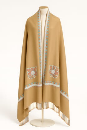 Mustard Brown Wool Blend Shawl with Embroidered Border and Fringes Mustard Brown Wool Blend Shawl with Embroidered Border and Fringes