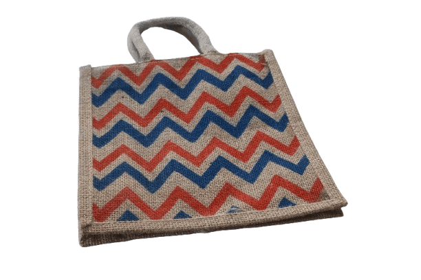 Eco-Friendly Small Jute Bag with Blue & Red Chevron Pattern | Reusable Multipurpose Tote - Handbags | Buy online on ZillyBuy
