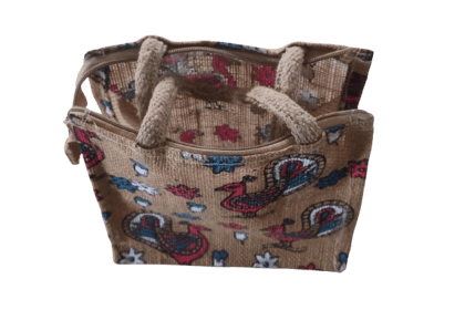 Eco-Friendly Jute Bag with Traditional Peacock/Rooster & Floral Print - Reusable Tote Eco-Friendly Jute Bag with Traditional Peacock/Rooster & Floral Print - Reusable Tote