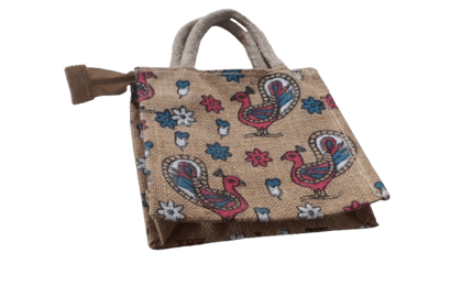 Eco-Friendly Jute Bag with Traditional Peacock/Rooster & Floral Print - Reusable Tote Eco-Friendly Jute Bag with Traditional Peacock/Rooster & Floral Print - Reusable Tote