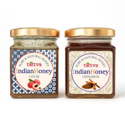 IndianHoney Buttery & Cognitive-Boosting Litchi Honey & Metabolic & Warming Cinnamon Infused Honey Combo Pack (230gm & 230gm)