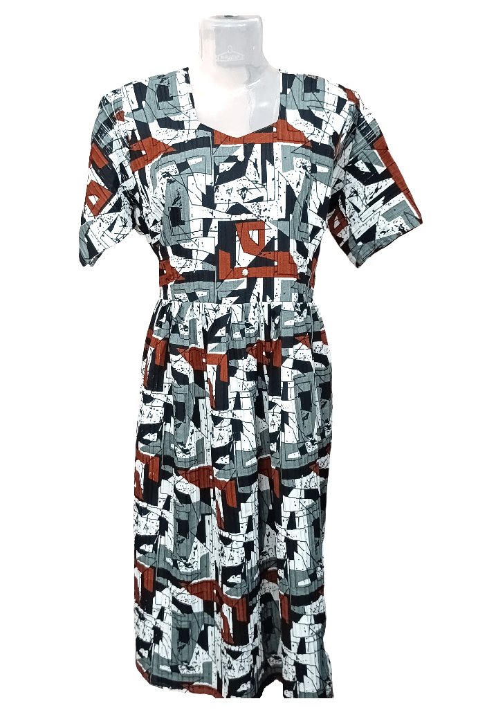 Women's Abstract Geometric Print Midi Dress with Tie-Waist - Short Sleeve Casual Wear
