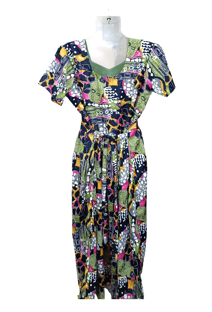 Women's Abstract Print V-Neck Short Sleeve Maxi Dress