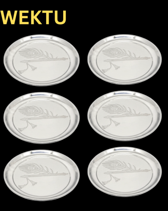 Silver Plates with Peacock Feather & Flute Design - Set of 6