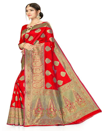 Women's Banarasi Silk Designer Weaving Saree with Unstitched Blouse (Red, 5.50 Mtrs)
