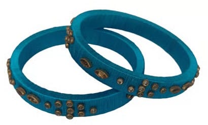 Vibrant Teal Silk Thread Bangles with Antique Metallic Studs (Set of 2)