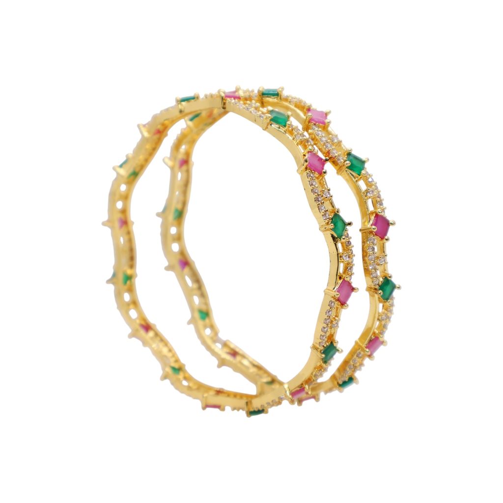 Gold Plated CZ Stone Bangle with Pink & Green Square-Cut Stones – Dual Layer Designer Kada