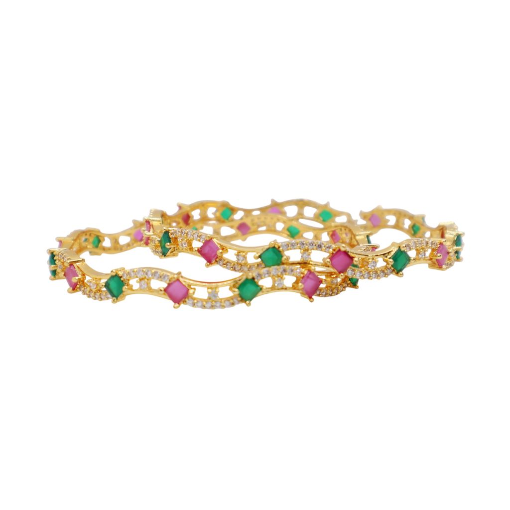 Gold Plated CZ Stone Bangle with Pink & Green Square-Cut Stones – Dual Layer Designer Kada