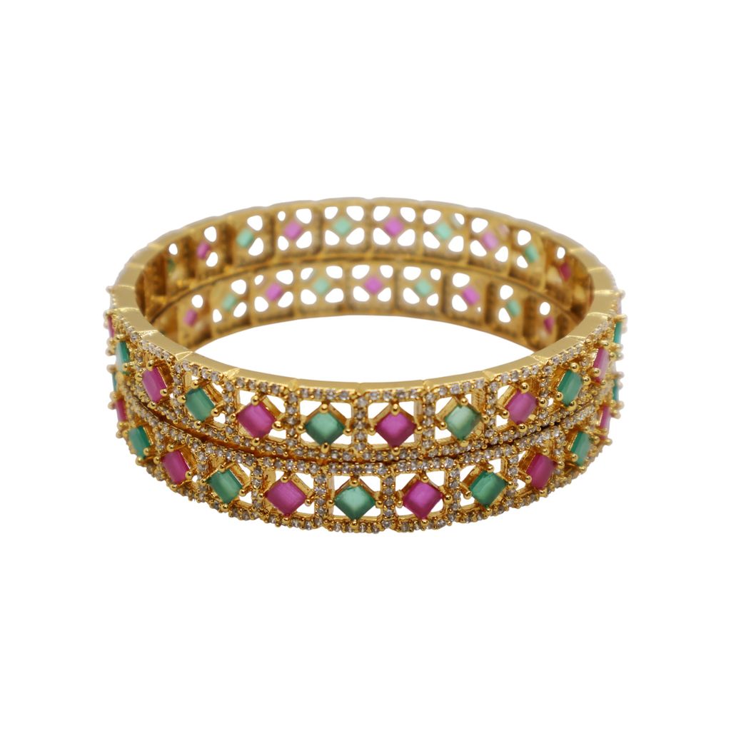 Gold Plated Dual Layer Bangle with Pink & Green Stones – Traditional Party Wear Jewelry - Bangles & Bracelets | Buy online on ZillyBuy