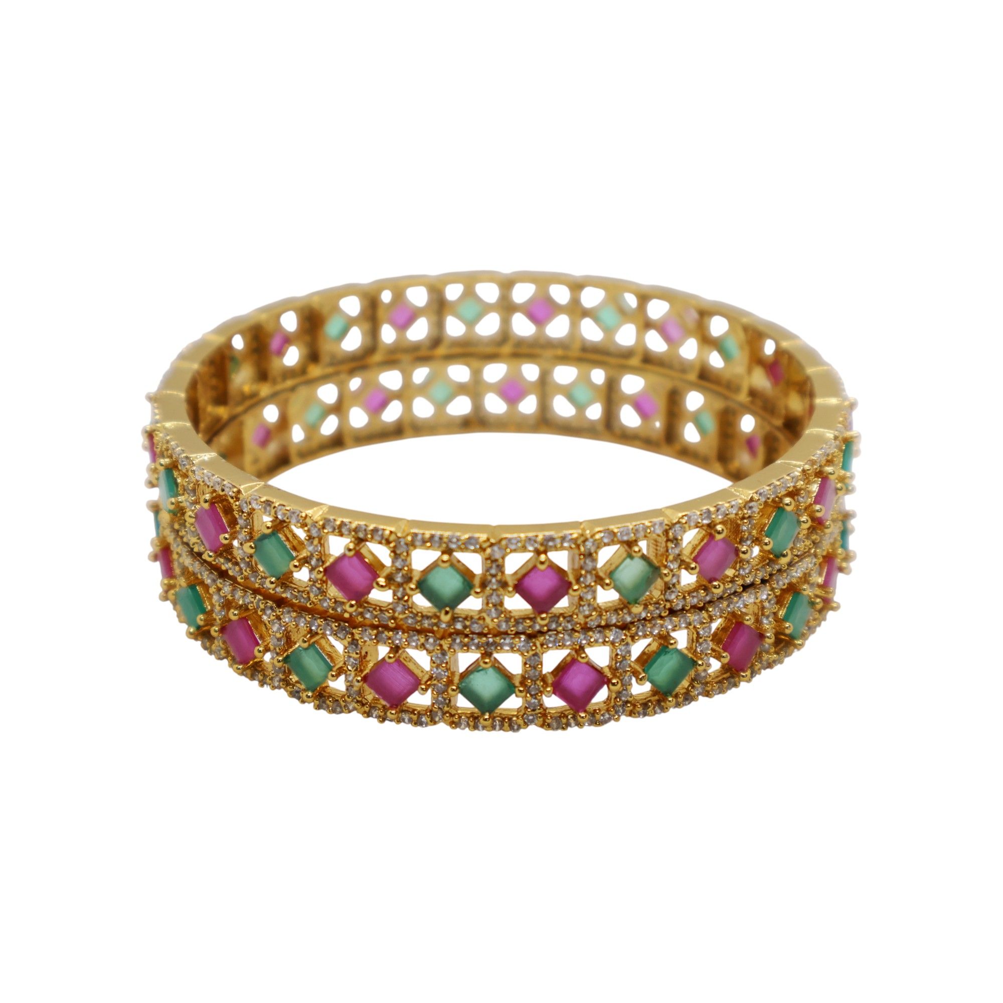 Gold Plated Dual Layer Bangle with Pink & Green Stones – Traditional Party Wear Jewelry