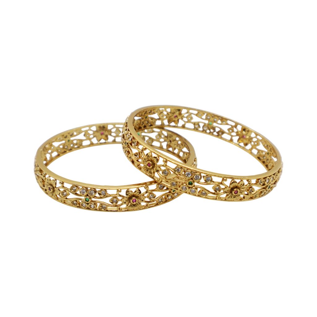 Gold Plated Floral Design Bangle with CZ, Green & Pink Stones – Traditional Party Wear Jewelry