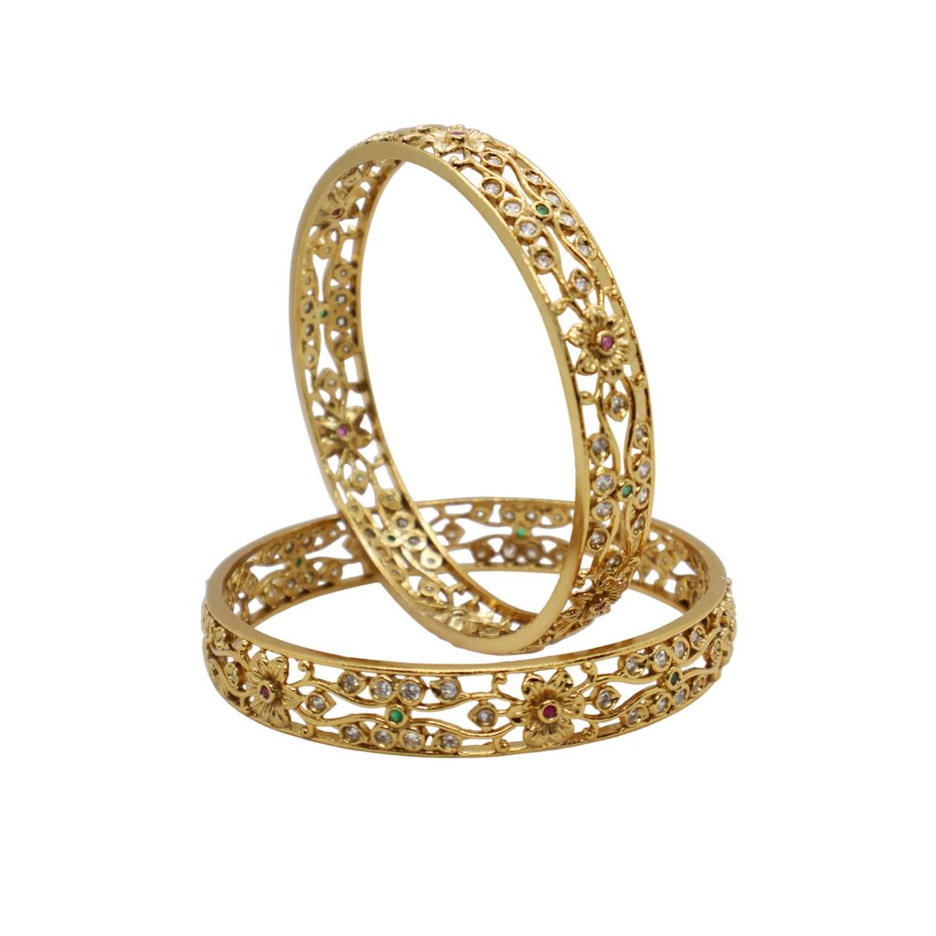 Gold Plated Floral Design Bangle with CZ, Green & Pink Stones – Traditional Party Wear Jewelry