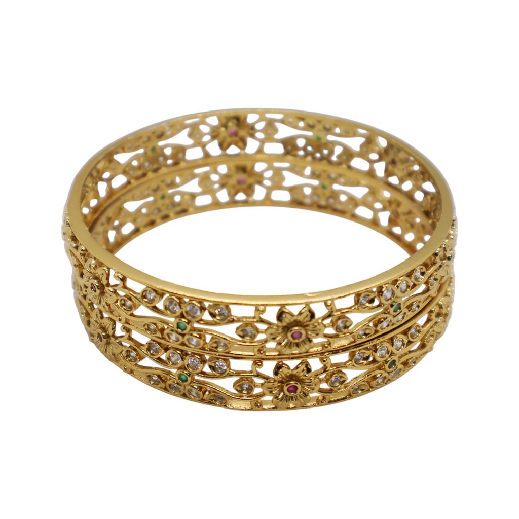 Gold Plated Floral Design Bangle with CZ, Green & Pink Stones – Traditional Party Wear Jewelry