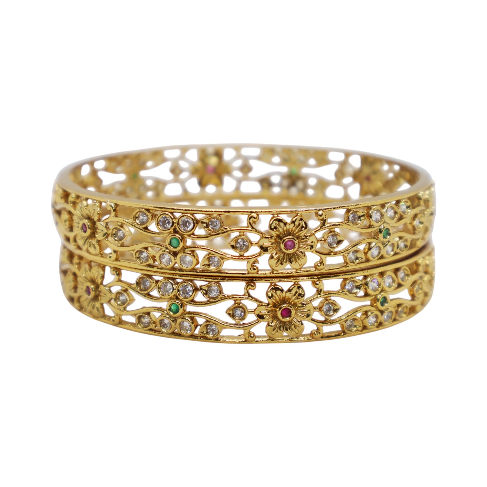 Gold Plated Floral Design Bangle with CZ, Green & Pink Stones – Traditional Party Wear Jewelry