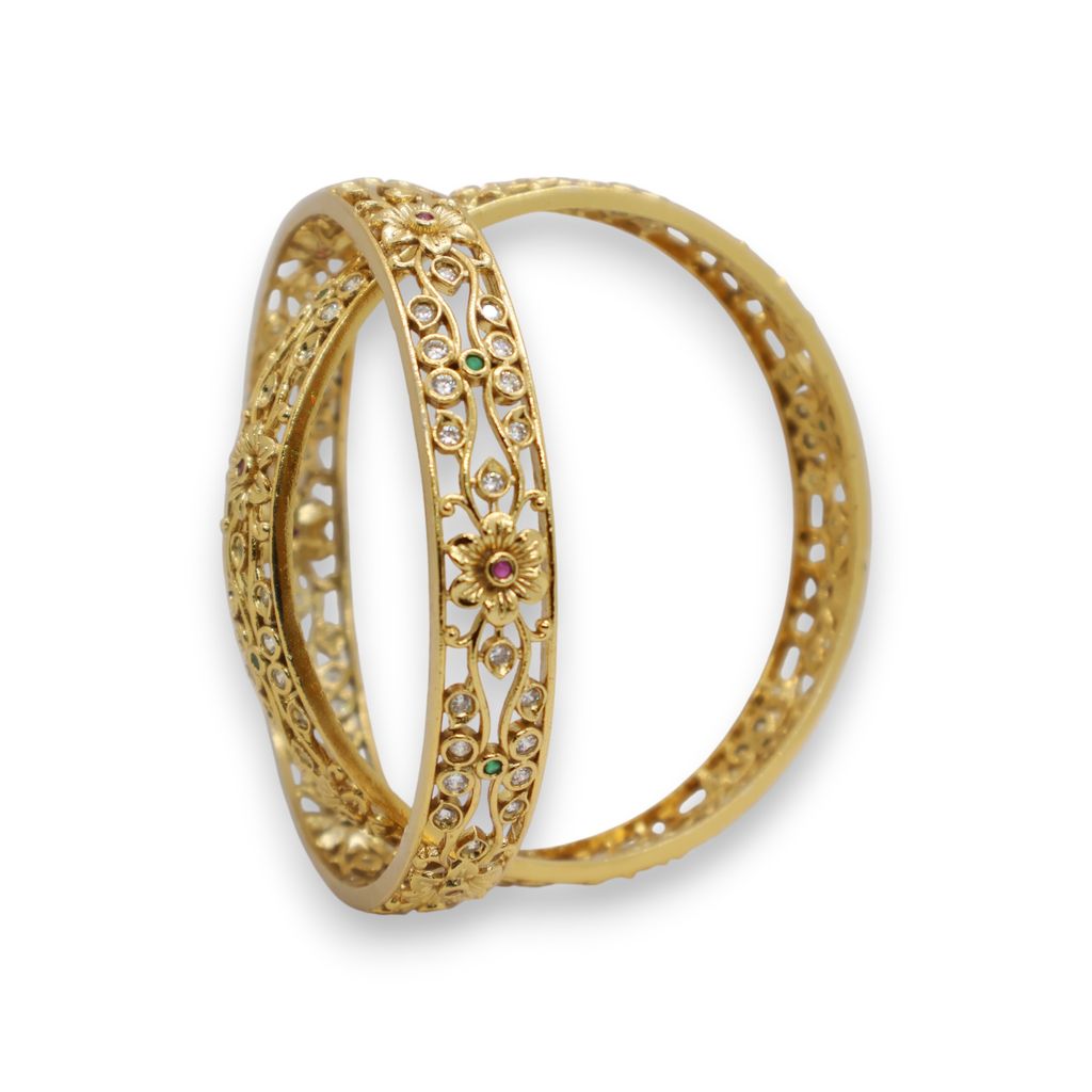 Gold Plated Floral Design Bangle with CZ, Green & Pink Stones – Traditional Party Wear Jewelry