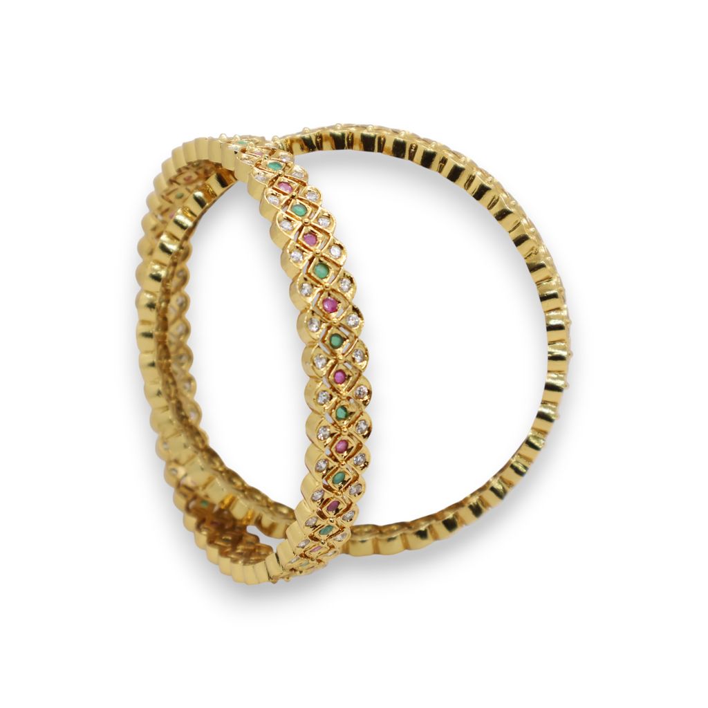 Gold Plated Designer Bangle with CZ, Pink & Green Stones – Traditional Wedding Jewelry