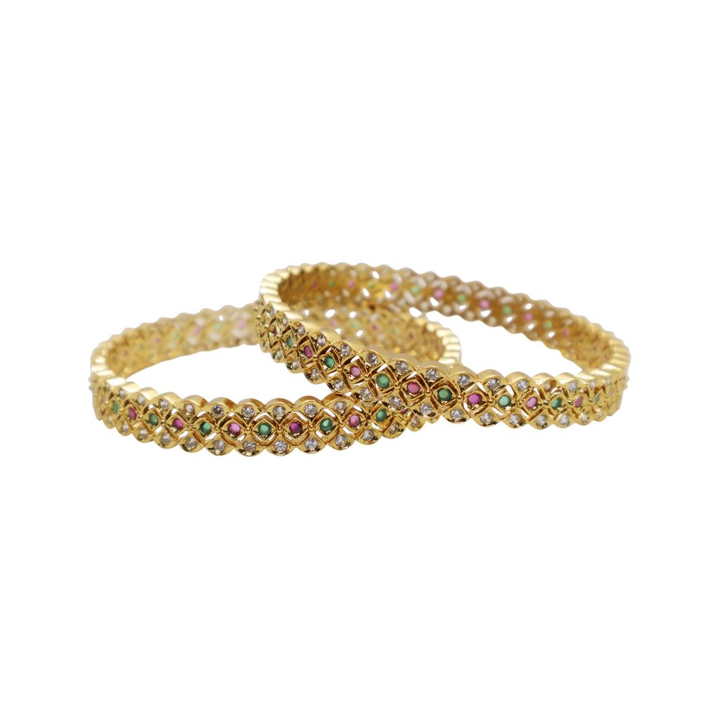 Gold Plated Designer Bangle with CZ, Pink & Green Stones – Traditional Wedding Jewelry