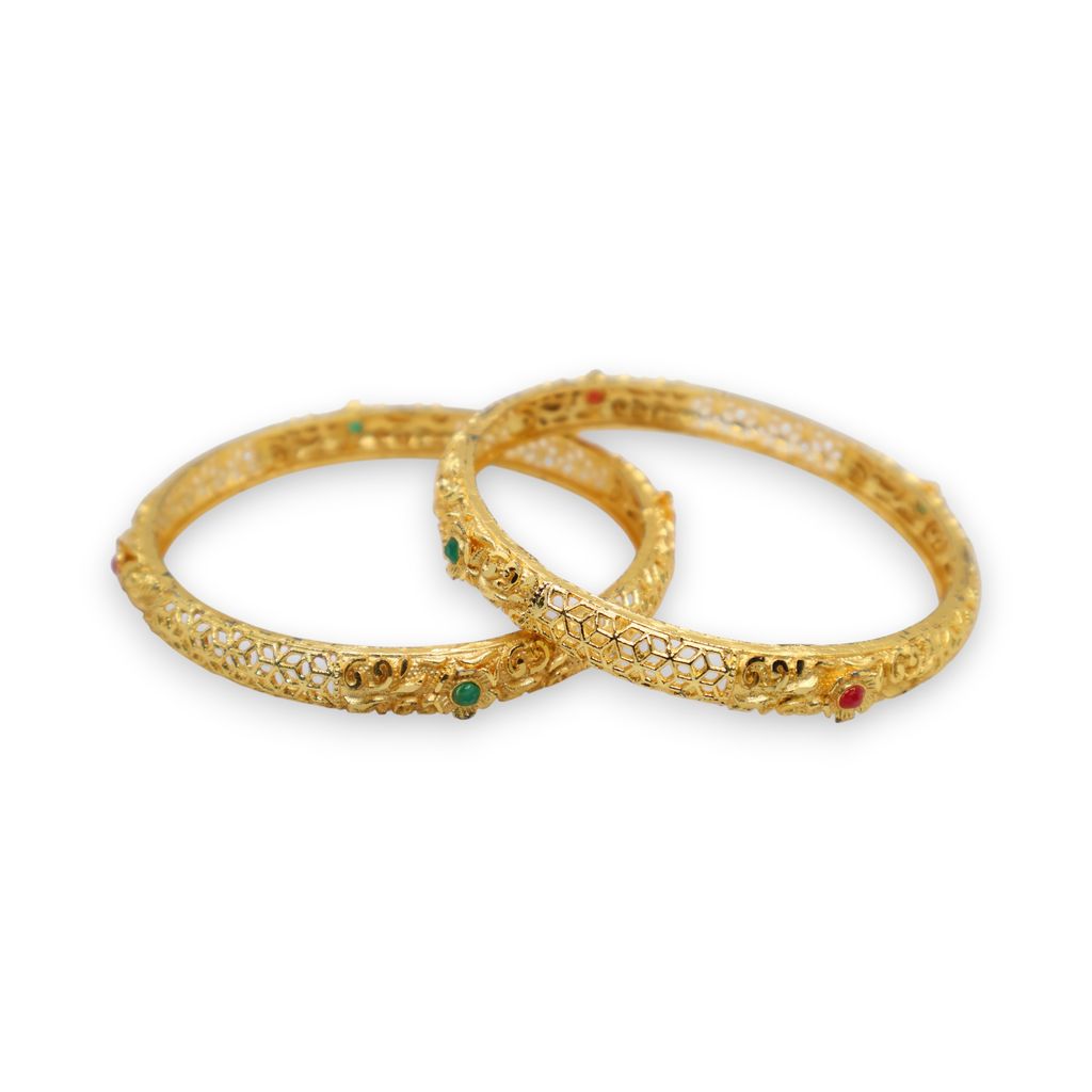 Gold Plated Antique Design Bangle with Green Stone Detailing – Traditional Ethnic Jewelry
