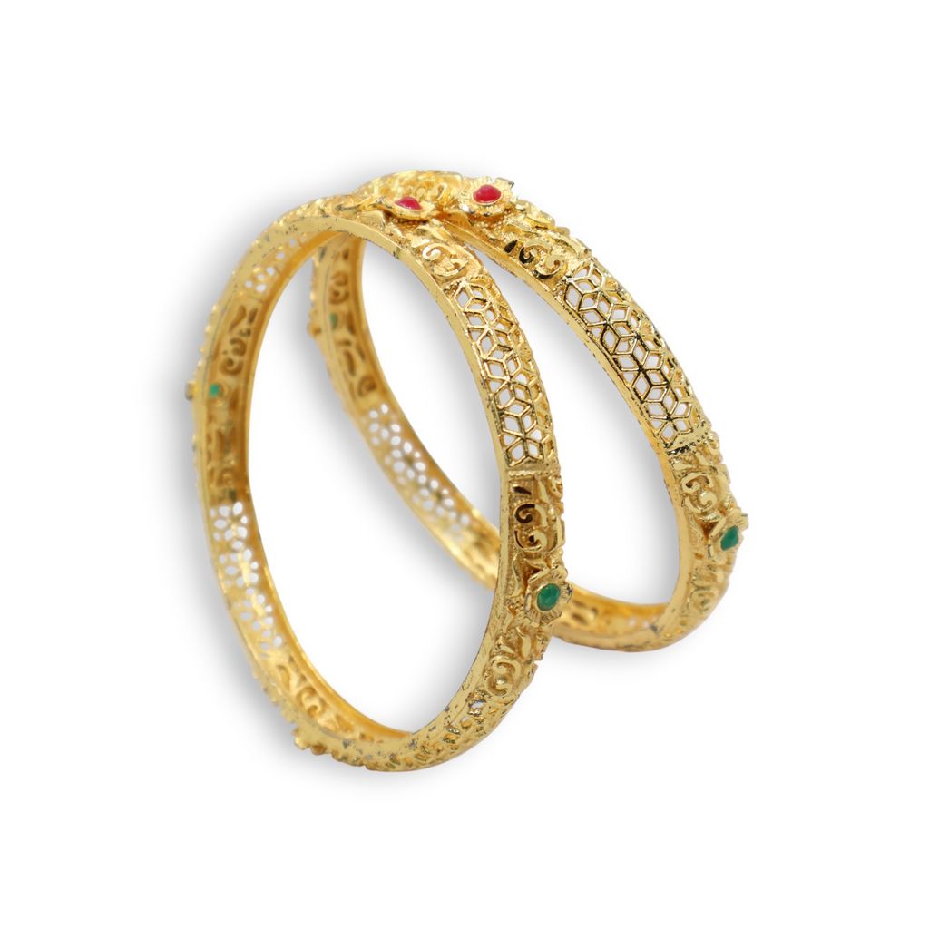 Gold Plated Antique Design Bangle with Green Stone Detailing – Traditional Ethnic Jewelry