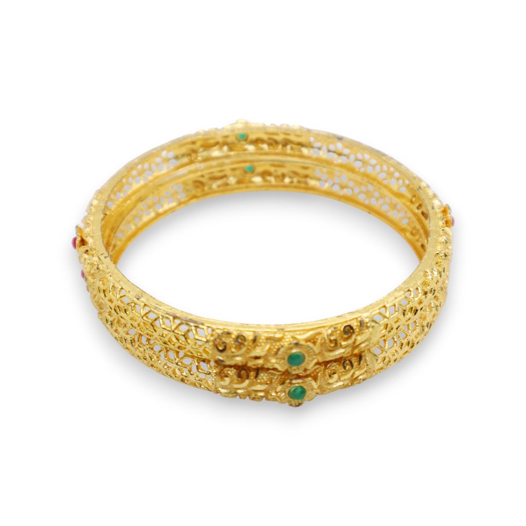 Gold Plated Antique Design Bangle with Green Stone Detailing – Traditional Ethnic Jewelry