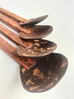 ECOCASK Coconut Shell Cooking Ladle – Medium Set of 4 | Handmade Chiratta Thavi Spoon