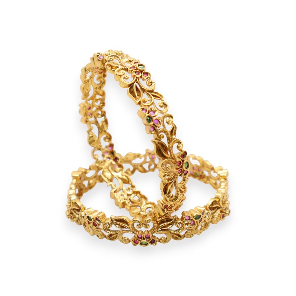 Gold Plated Floral Vine Design Bangle with Pink & Green Stones – Elegant Traditional Jewelry P