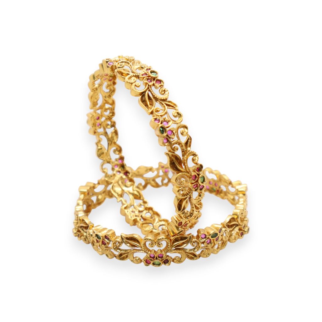 Gold Plated Floral Vine Design Bangle with Pink & Green Stones – Elegant Traditional Jewelry P