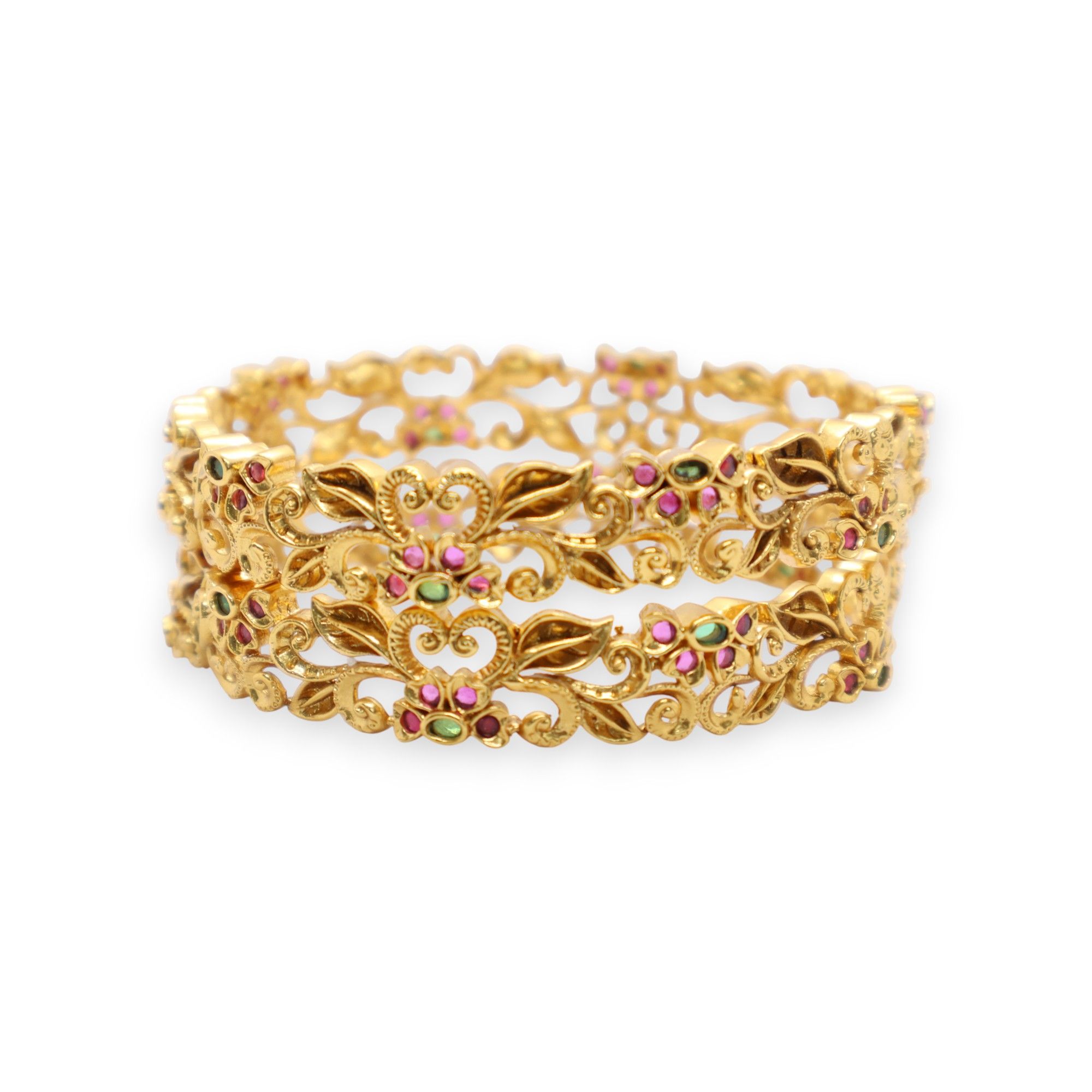Gold Plated Floral Vine Design Bangle with Pink & Green Stones – Elegant Traditional Jewelry  P