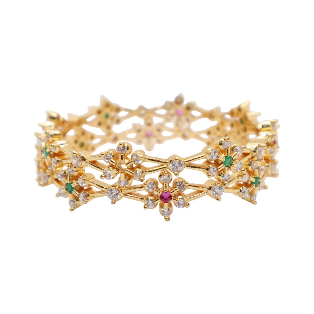 Elegant Floral Gold-Plated Stone-Studded Bangles (Pair)