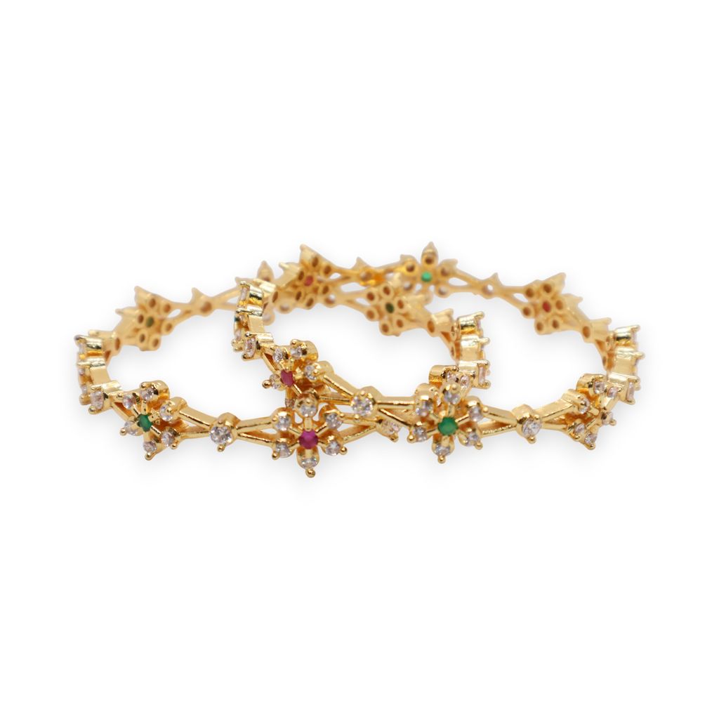 Elegant Floral Gold-Plated Stone-Studded Bangles (Pair)