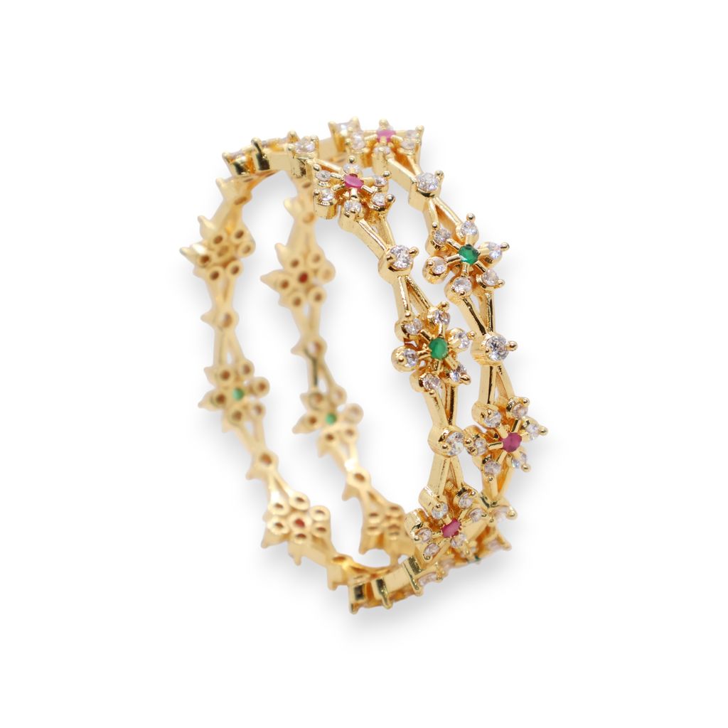 Elegant Floral Gold-Plated Stone-Studded Bangles (Pair)