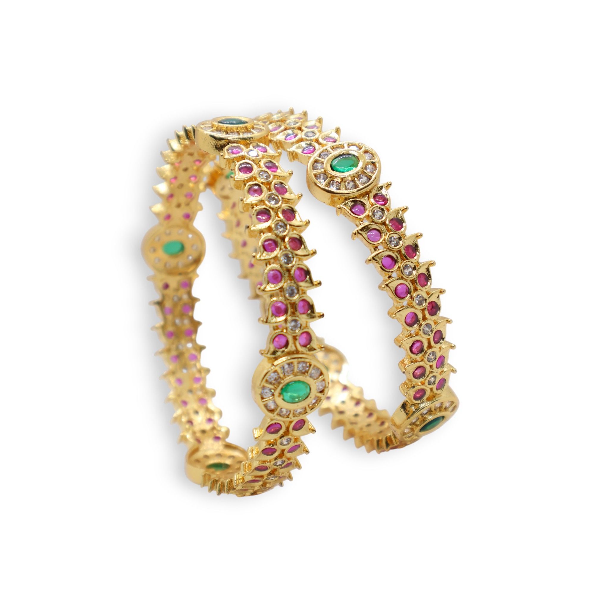 Traditional Gold-Plated Ruby & Emerald Stone Bangles (Pair)