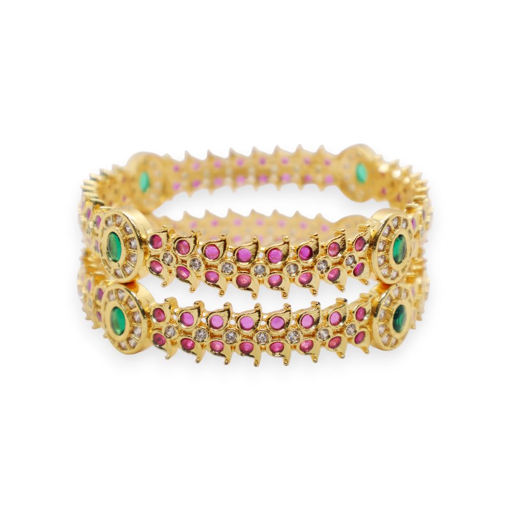 Traditional Gold-Plated Ruby & Emerald Stone Bangles (Pair)