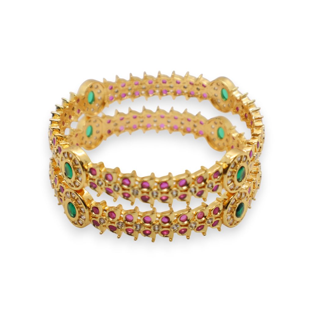 Traditional Gold-Plated Ruby & Emerald Stone Bangles (Pair)