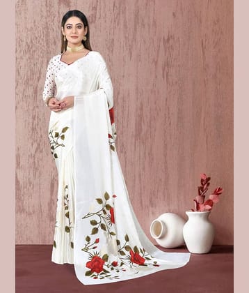 SARIK  FASHION Chiffon Printed Saree With Unstitched Blouse Piece ( White )