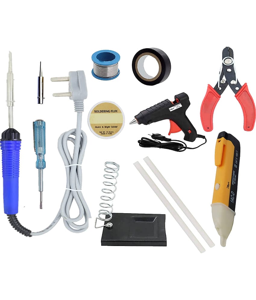 ALDECO: ( 12 in 1 ) 25 Watt Soldering Iron Kit With-Blue Iron, Wire, Flux, Bit, Stand, Cutter, Tape, Tester, Glue Gun, 2 Glue Stick, Voltage Alert