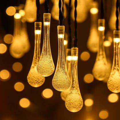 Water Drop LED String Lights | 14 Warm White Fairy Lights | Plug-in Decorative Lights for Indoor & Outdoor Use | Water Drop Design