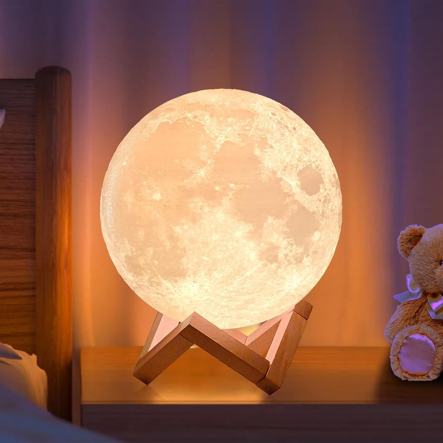 3D Moon Lamp Changeable Sensor Moon Night Light Lamp, Touch Control, Moonlight Lamp with Stand & USB for Bedrooms Valentine Gifts, Festival, Wedding Gifts (15 cm) Plastic, LED